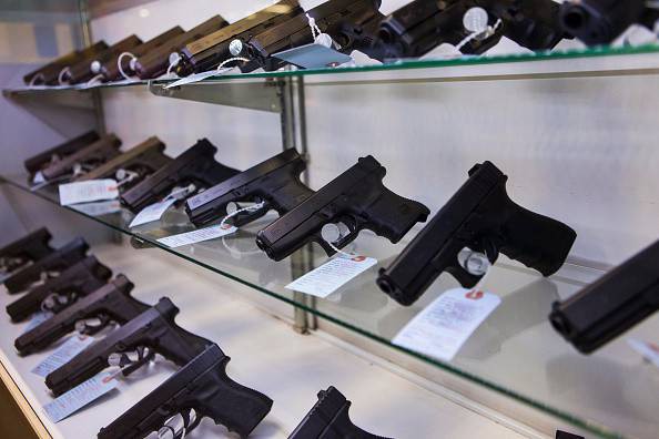 Handguns are seen at Metro Shooting Supplies on November 16, 2014 in Bridgeton, Missouri.