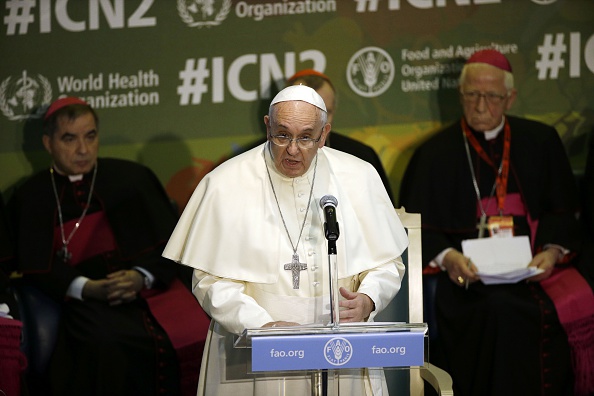 Pope Francis delivers a speech during the International conference on Nutrition (CIN2) on November 20, 2014 at the Food and Agriculture Organization (FAO) headquarters in Rome. 
