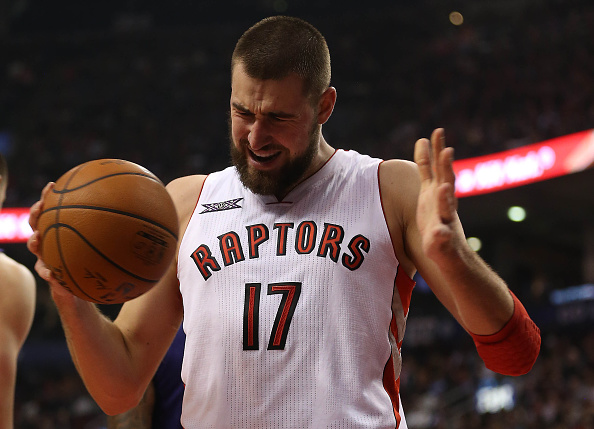 Jonas Valanciunas reacts after missing a shot as the Toronto Raptors beat the Phoenix Suns 104-100 in the  Air Canada Centre in Toronto. November 24, 2014. 