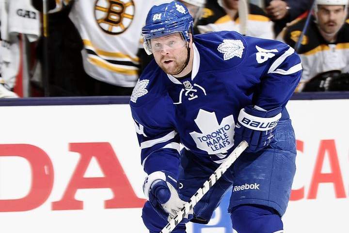 Phil Kessel #81 of the Toronto Maple Leafs looks for a shot against the Boston Bruins during NHL game action November 12, 2014 at the Air Canada Centre in Toronto, Ontario, Canada.