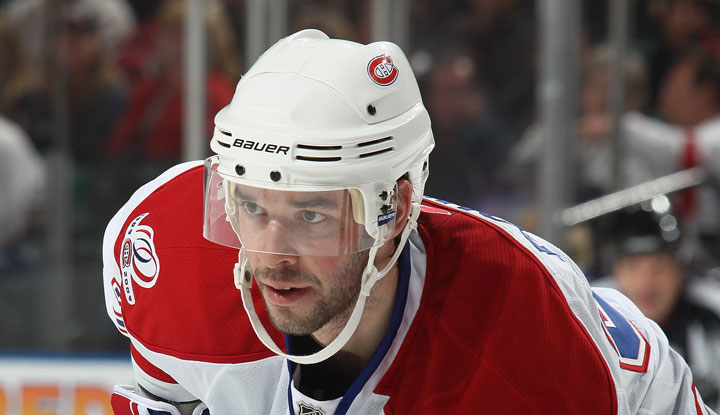 Benoit Pouliot, playing for the Montreal Canadiens, shown in a 2010 file photo sporting a Bauer helmet. 