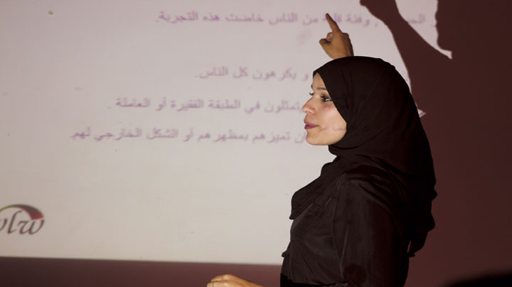 Alaa Murabit is shown in an undated handout photo conducting a Noor Seminar in Benghazi.