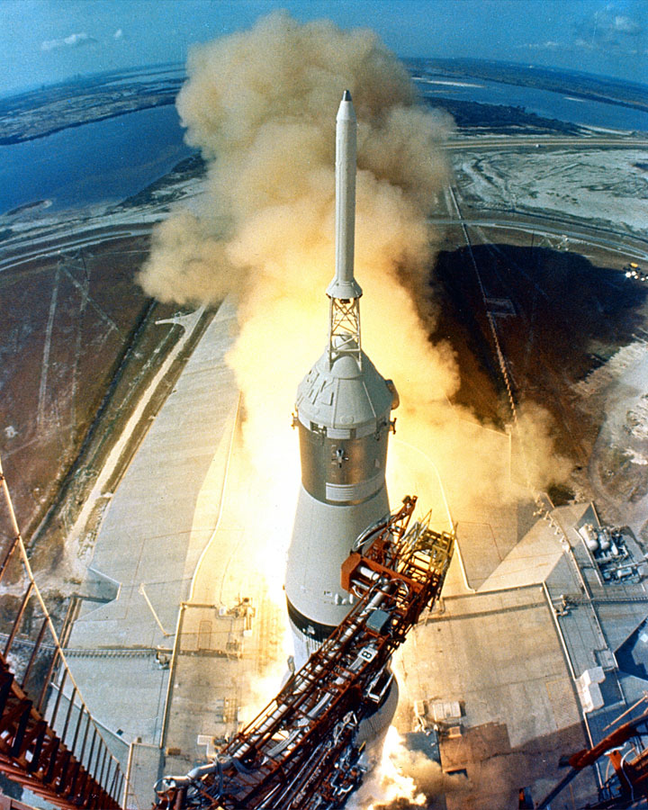 The Apollo 11 Saturn V space vehicle blast off from the Kennedy Space Center in 1969.