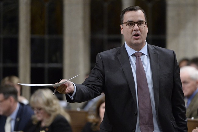 Industry Minister James Moore answers a question during Question Period in the House of Commons on Parliament Hill in Ottawa, Wednesday Nov.26, 2014 . THE CANADIAN PRESS/Adrian Wyld