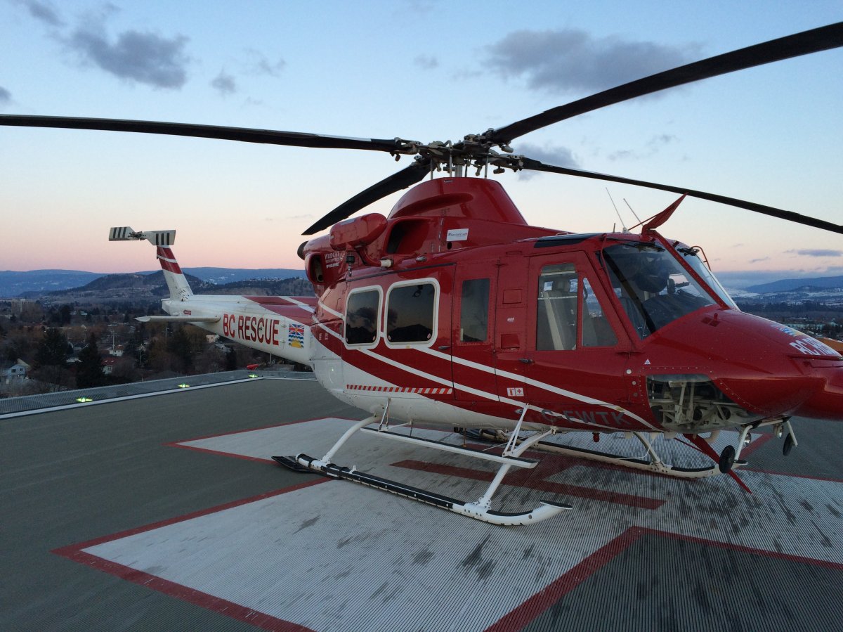 This helicopter lands on Kelowna General Hospital after Vernon Search and Rescue crews completed their first helicopter winch rescue with new equipment. 