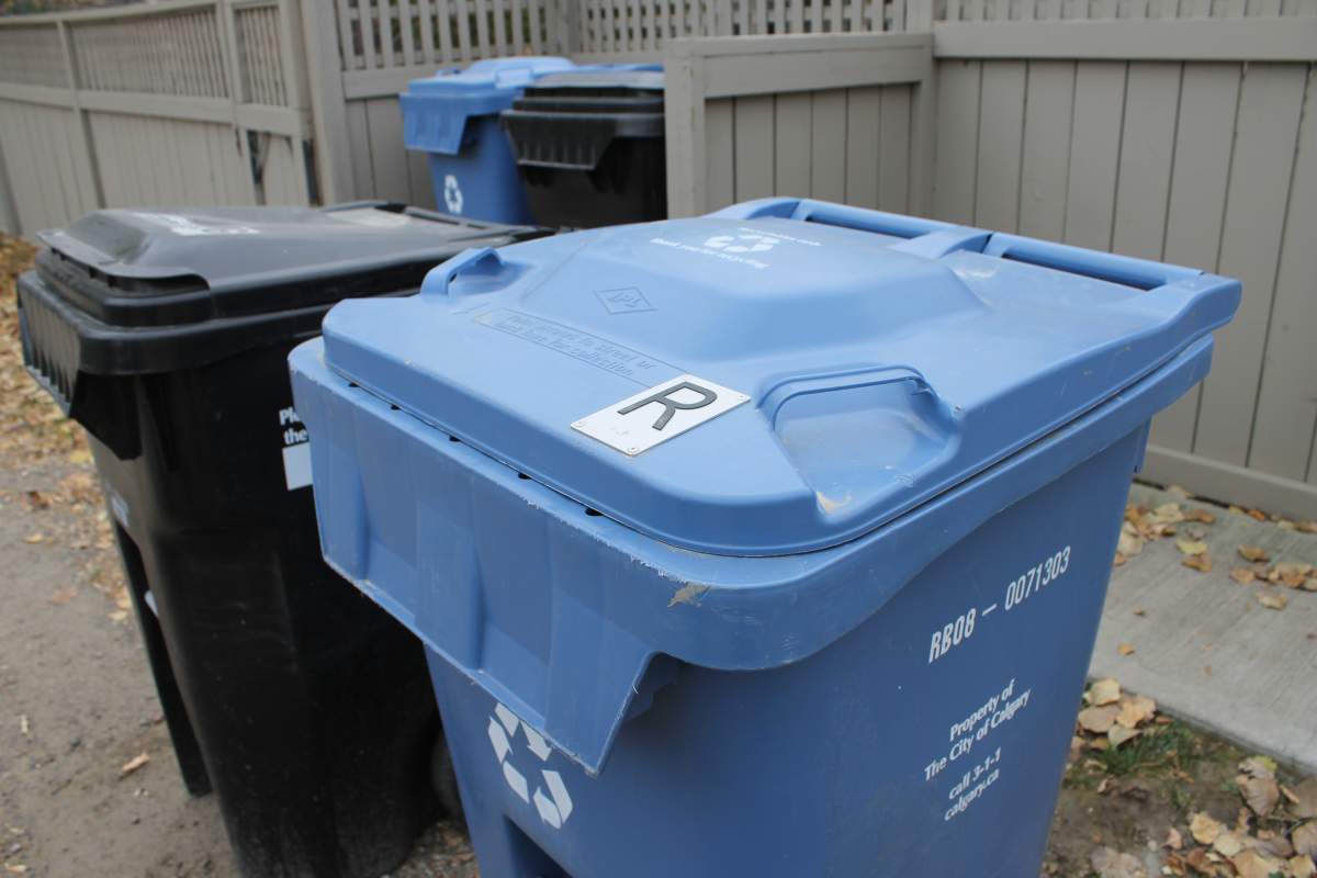Raised letters with braille on Calgary garbage and recycling bins.