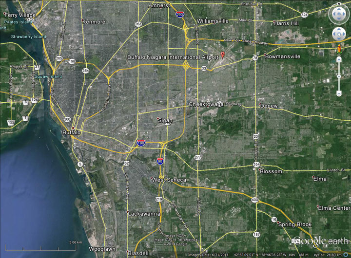 A map of Buffalo. As of West Seneca received 145 cm of snow during the lake effect snow event. Buffalo Niagara International Airport, meanwhile, received just 16 cm.