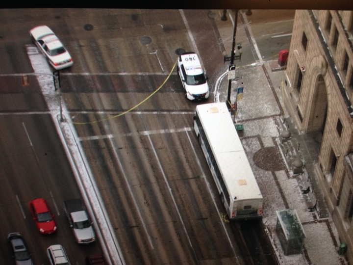Traffic was tied up at the city's biggest downtown intersection Wednesday afternoon after a "suspicious package" was found on a Winnipeg Transit bus.
