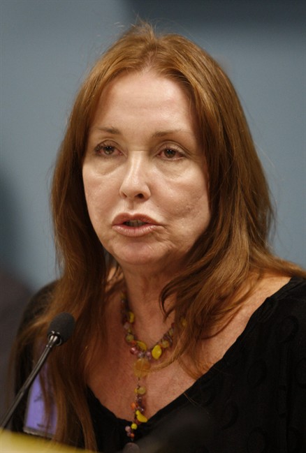 In a Sept. 2, 2009 file photo Debra Tate, sister of slain Sharon Tate, speaks during a parole hearing for Manson follower Susan Atkins at the Central California Women's Facility in Chowchilla, Calif.