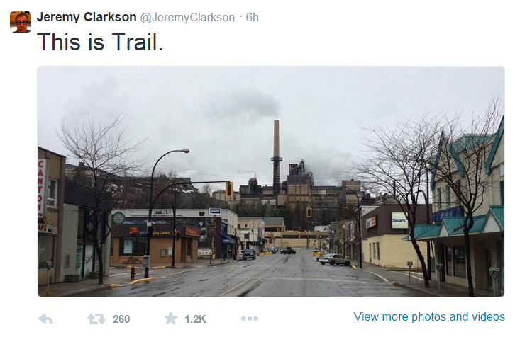 Jeremy Clarkson livetweeted his adventures in Trail, British Columbia, after he was stuck in the small citiy for most of Sunday due to flight delays.