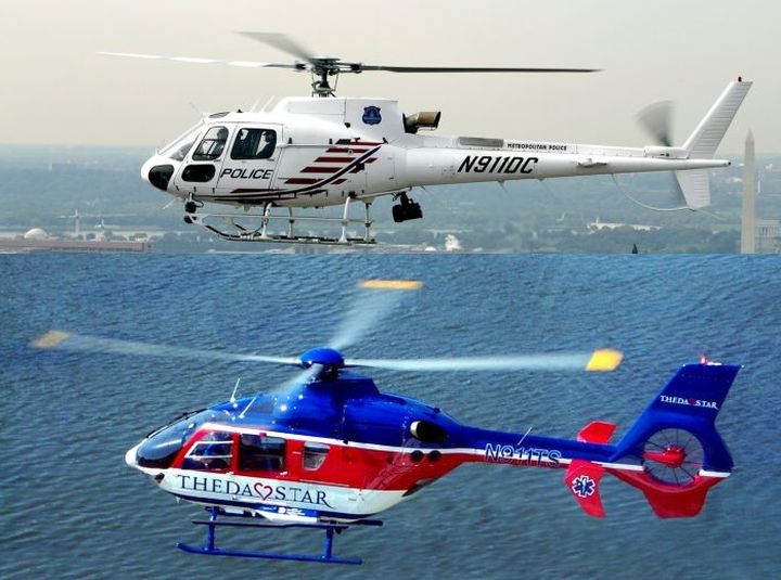 A comparison of a single-engine helicopter (above) to a double-engine helicopter (below).