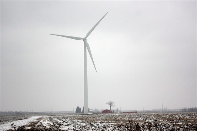 A wind turbine is seen in Melancthon Township, Ont., on Sunday, Nov. 16, 2014. Several families are legally challenging construction of wind farms in parts of Ontario.