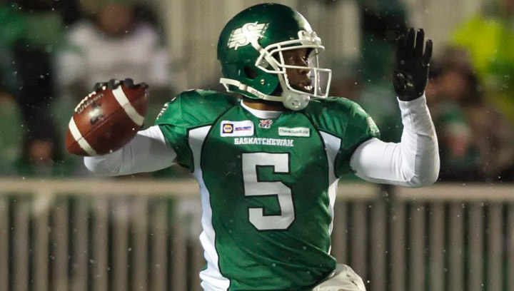 Saskatchewan Roughriders quarterback Kerry Joseph throws a pass against the Edmonton Eskimos during the second quarter of CFL football action in Regina, Sask., Saturday, November 8, 2014. Joseph will get the start Sunday when the two teams meet in the West semifinal.