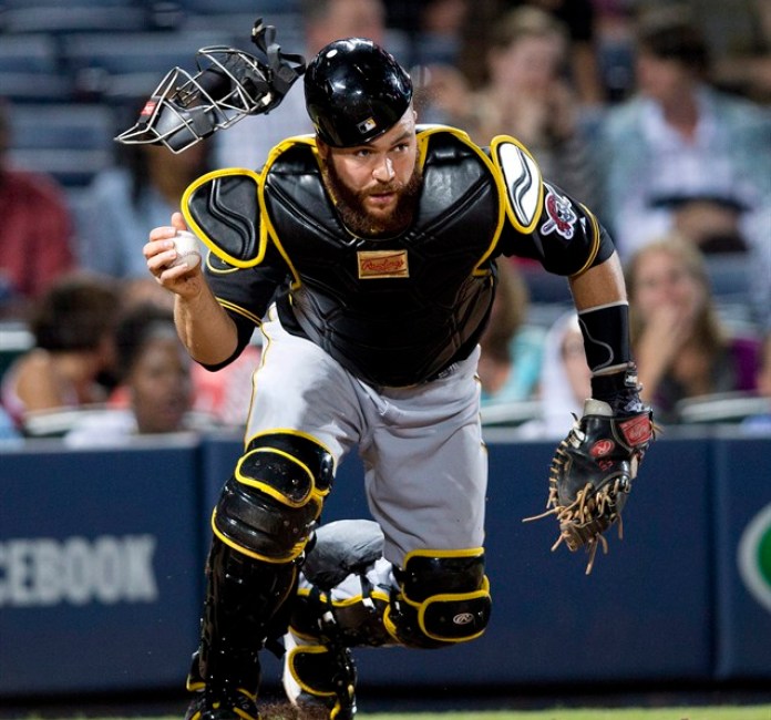 Toronto Blues Jays newly-signed catcher Russell Martin adjusts his