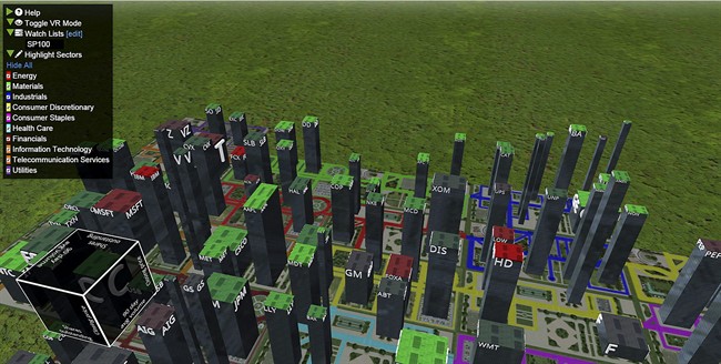 This undated screen shot shows a view of StockCity from Fidelity Labs, a 3-D virtual reality program for tracking and researching stocks. 