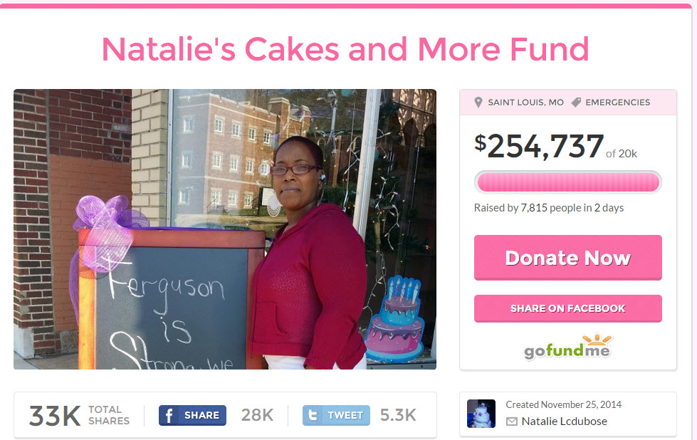 A Ferguson resident who saw her bakery vandalized during the recent riots has received over $250,000 in donations to repair her business.