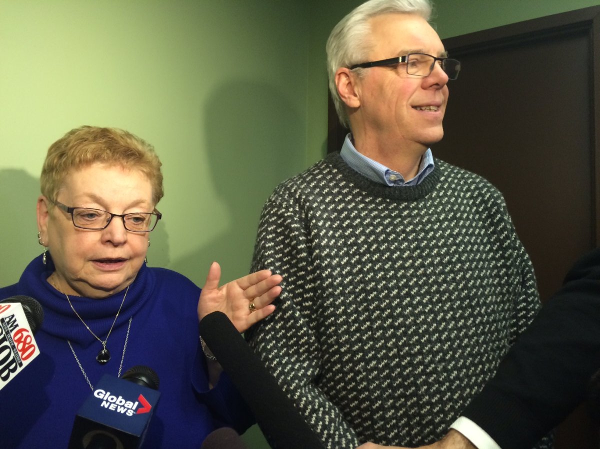 Premier Greg Selinger and NDP party president Ellen Olfert speaking to media Saturday at the NDP executive meeting.