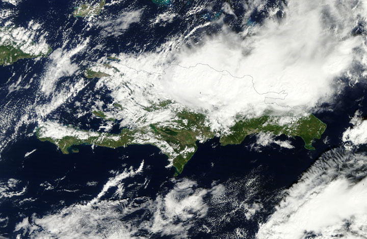 This satellite image captured storms over the Dominican Republic and Haiti on Nov. 4.
