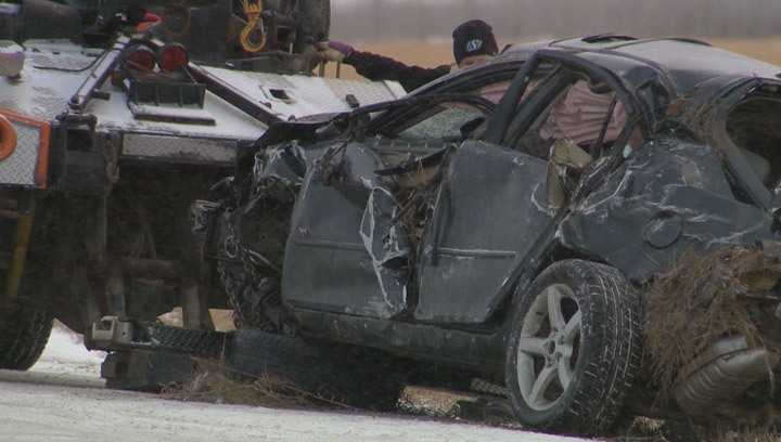 Three people taken to hospital after two-vehicle crash on Highway 14 west of Saskatoon.
