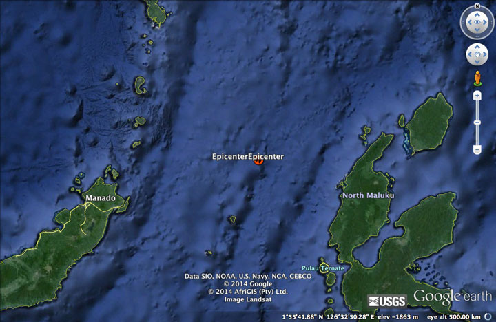 The epicentre of the earthquake off the coast of Indonesia.