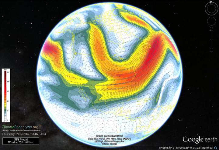 The jet stream on Nov. 20, 2014. Note how it meanders north before dipping far south again.