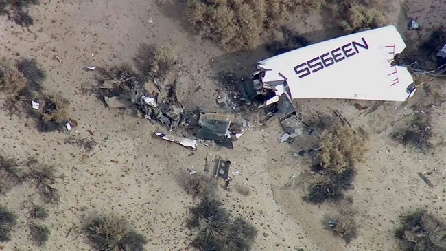 This image from video by KABC TV Los Angeles shows wreckage of what is believed to be SpaceShipTwo in Southern California’s Mojave Desert on Friday, Oct. 31, 2014.