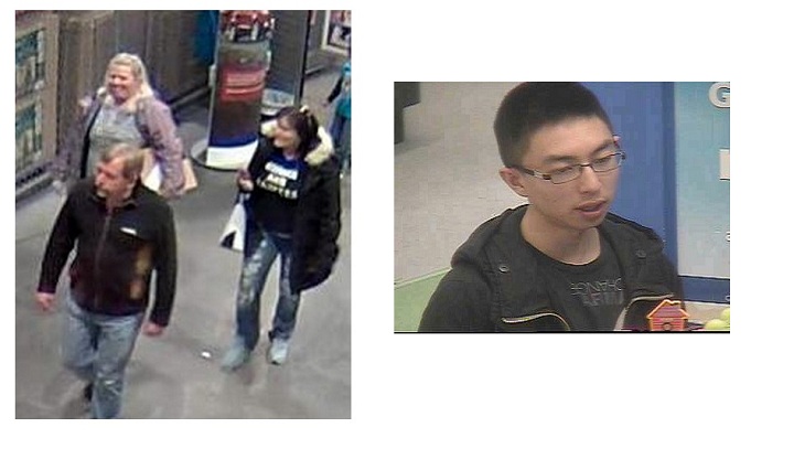 (L) Allegedly these three people were involved in Costco incident; and (R) the person allegedly involved in the fraudulent Walmart gift cards.