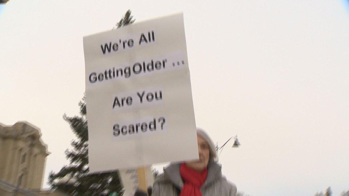 Protestors outside the legislature called on the government to address the quality of seniors' care.