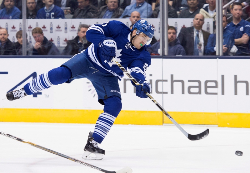 Toronto Maple Leafs' James van Riemsdyk scores during second period NHL hockey action against the Tampa Bay Lightning in Toronto on Thursday, November 20, 2014. 