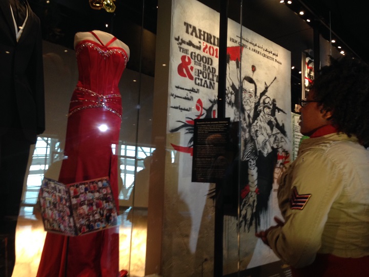 Mareshia Rucker views her prom dress on display at Canadian Museum for Human Rights in Winnipeg on Monday, November 24, 2014.