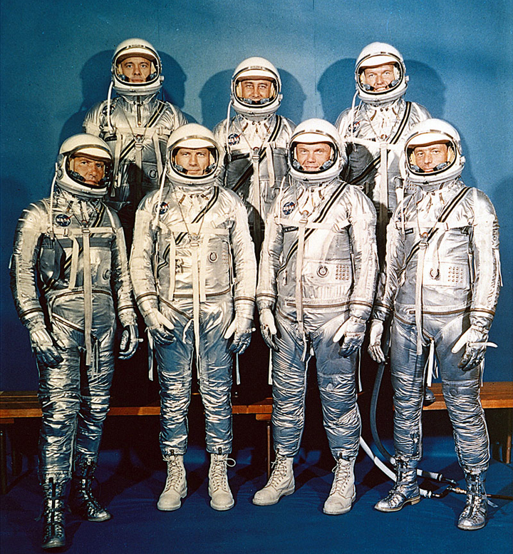NASA introduced the Project Mercury Astronauts to the world on April 9, 1959, only six months after the agency was established. Known as the Mercury 7 or Original 7, they are: front row, left to right, Wally Schirra, Deke Slayton, John Glenn and Scott Carpenter; back row, Alan Shepard, Gus Grissom, and Gordon Cooper.