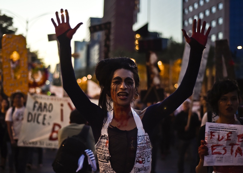 A student takes part in a demonstration demanding information on the whereabouts of 43 missing students from Ayotzinapa, in Mexico City on November 5, 2014.