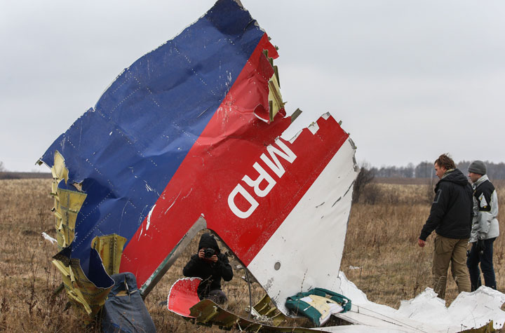Parts of the wreckage of the Malaysia Airlines Flight MH17 at its crash site. The passenger plane crashed near the village of Hrabove on July 17, 2014.