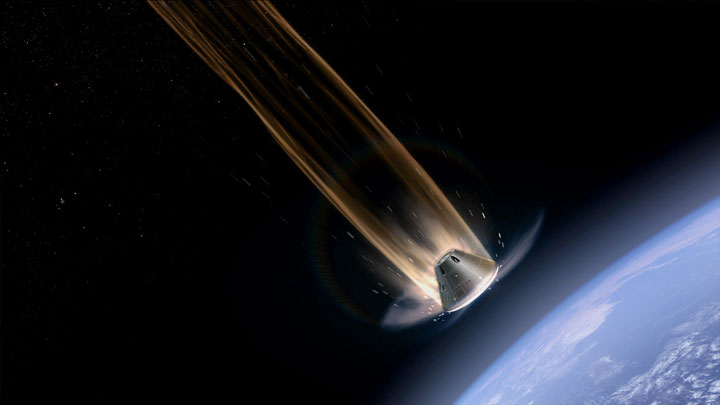 A NASA visualization of the Orion crew vehicle entering the atmosphere reaching speeds of 32,000 km/h and a temperature of 2,200 C.