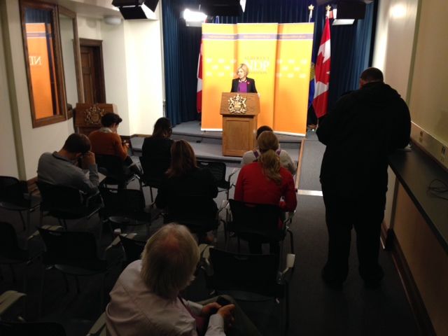 Alberta NDP Leader Rachel Notley answers the media's questions about requesting the auditor general to take a broader look at the activities of the former Redford government, Wednesday, Nov. 5, 2014. 