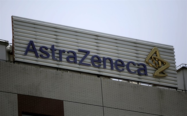 FILE - This July 24, 2013 file photo shows the AstraZeneca logo on the company's building in Shanghai, China.