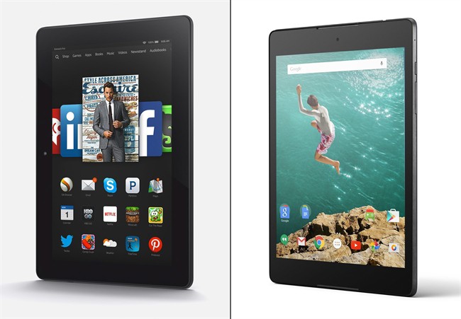 This combination made from photos provided by Amazon and Google shows the Amazon Fire HDX 8.9, left, and the Google Nexus 9. 