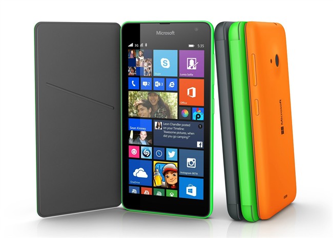 This product image provided by Microsoft shows the Lumia 535 smartphone. The phone is the first Lumia phone under the Microsoft brand name, as the software company dropped the Nokia brand.