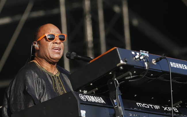 FILE - In this June 29, 2014 file photo, US singer Stevie Wonder performs at the Calling festival, in London. 