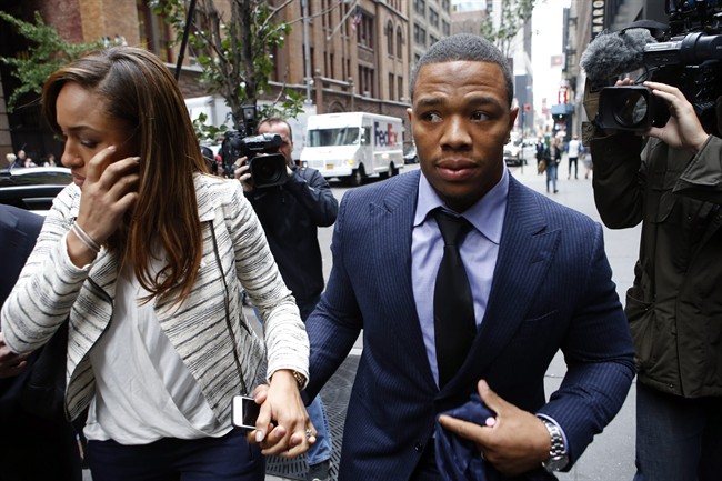 Ray Rice arrives with his wife Janay Palmer for an appeal hearing of his indefinite suspension from the NFL, Wednesday, Nov. 5, 2014, in New York.