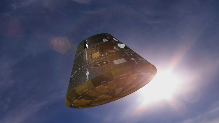 An artist's rendition of the Orion spacecraft orbiting Earth.