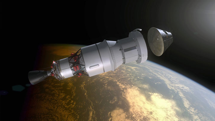Once its second orbit of Earth is complete, the crew module separates from the service module.