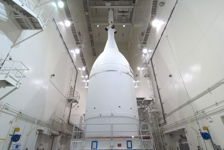 Orion sits in the Kennedy Space Center's Launch Aboard Facility in Cape Canaveral, Florida.