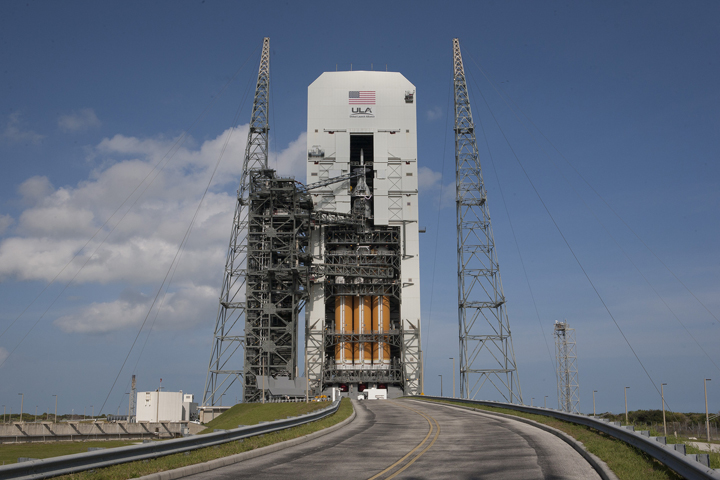 United Launch Alliance launch complex 37b at Cape Canaveral in Florida. Orion is stacked on the Delta IV Heavy launch vehicle.
