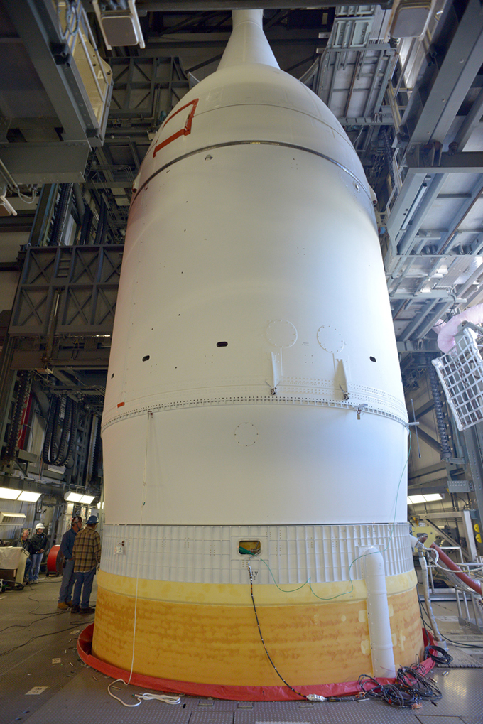 NASA’s Orion spacecraft sits on top of the Delta IV Heavy launch vehicle at Space Launch Complex 37 at Cape Canaveral Air Force Station in Florida.