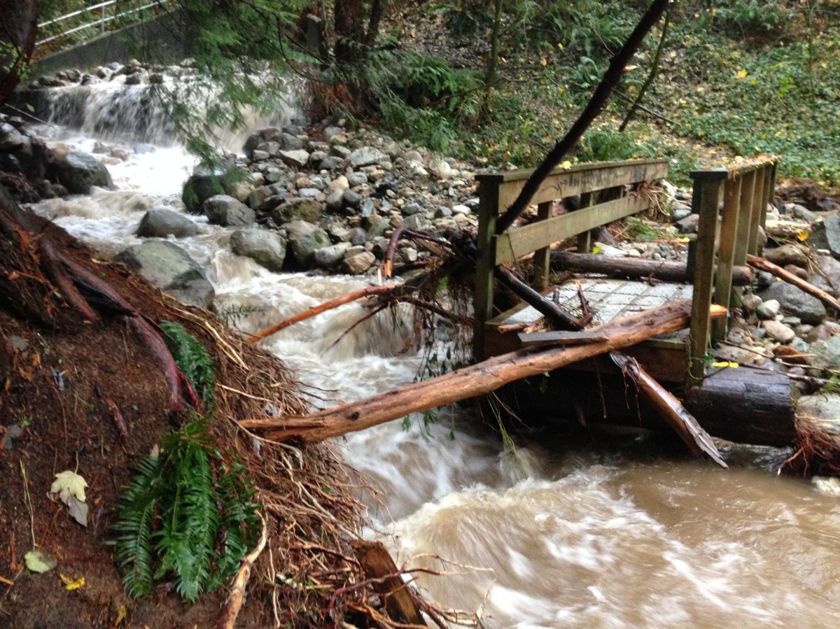 The bridge at Kilmer Creek in North Vancouver has been washed out.