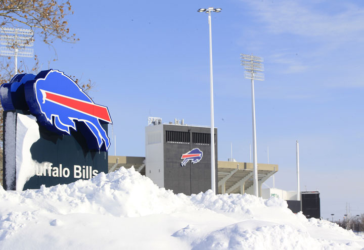 Snow covers  a sign at Ralph Wilson Stadium,  home of the Buffalo Bills in Orchard Park, N.Y. on Wednesday, Nov. 19, 2014. AP Photo/The Buffalo News, Harry Scull Jr.   