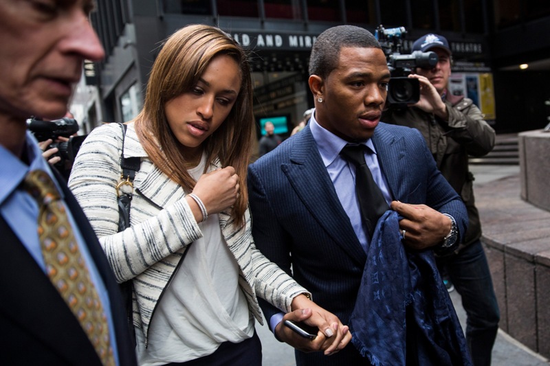  Suspended Baltimore Ravens football player Ray Rice (R) and his wife Janay Palmer arrive for a hearing on November 5, 2014 in New York City. Rice is fighting his suspension after being caught beating his wife in an Atlantic City casino elevator in February 2014. 