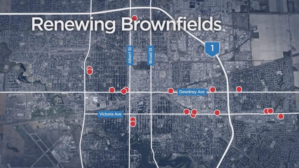 A map of brownfield sites around Regina.