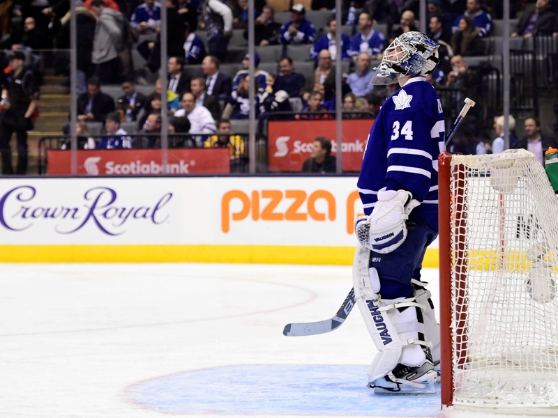 Toronto Maple Leafs goaltender James Reimer stands alone in the net after a Nashville Predators goal to make it 7 - 0 during third period NHL action in Toronto on Tuesday, November 18, 2014. 